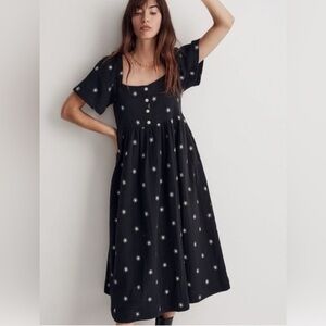 Daisy Embroidered Lightspun Square-Neck Black Midi Dress